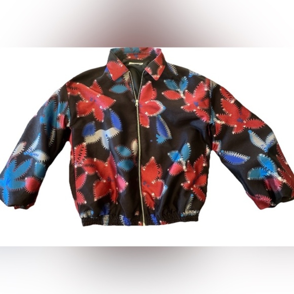 LAAGAM Barcelona Bomber Jacket L  40 Floral Prt Zip Elastic Hem Artsy Indie Boho